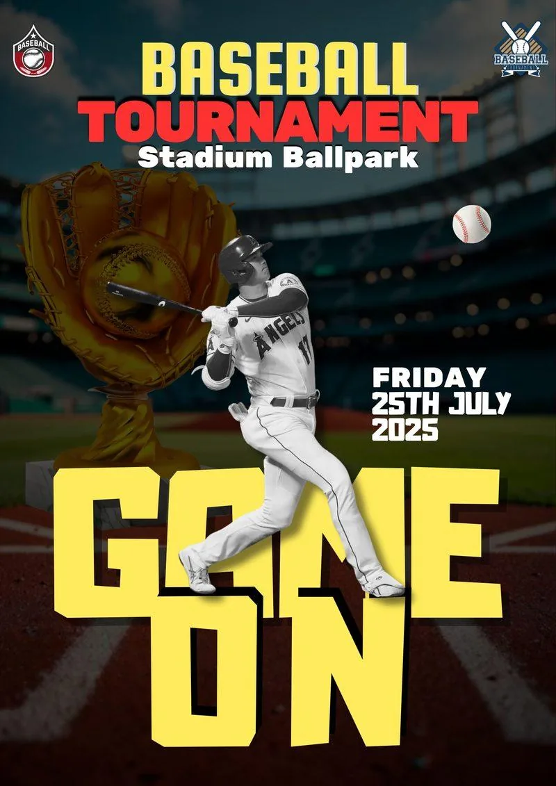 Baseball tournament poster with a batter and bold yellow GAME ON headline