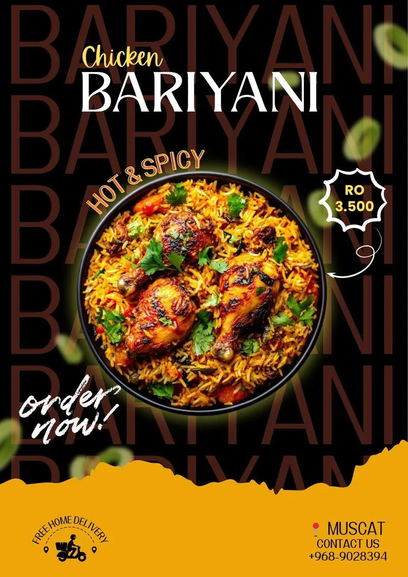 Chicken biryani promotional poster with large typography and a rich food photo