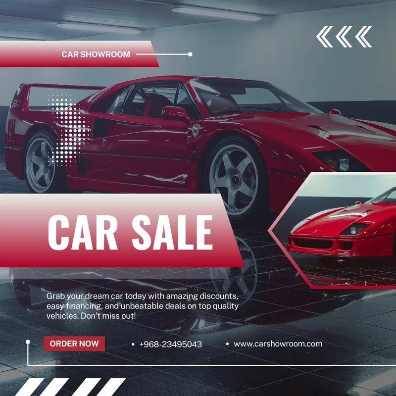 Car showroom sale banner with a red sports car and call-to-action details